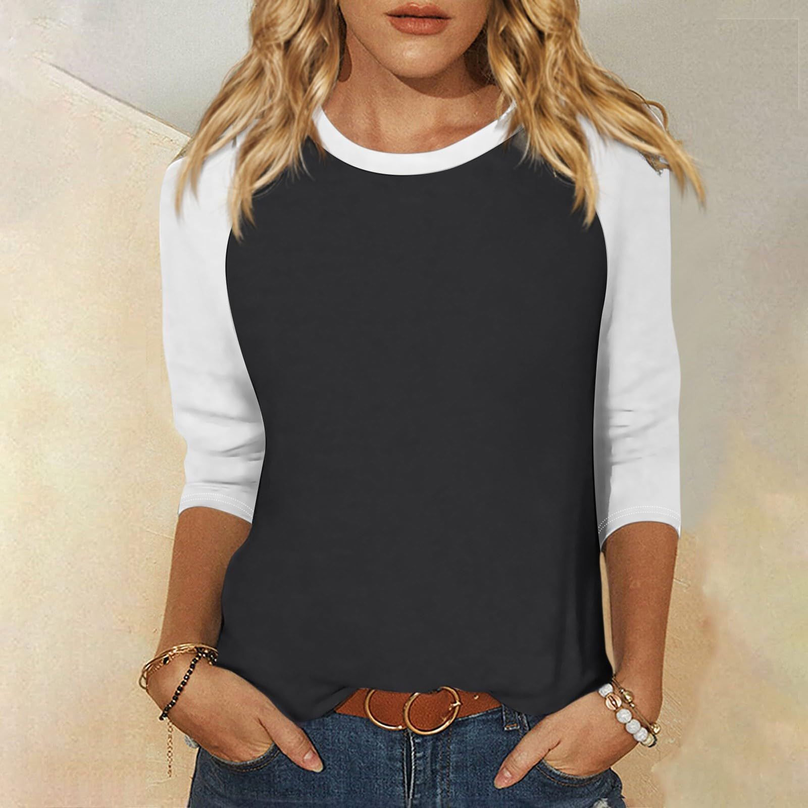 thumbnail image 2 of Camiseta raglán de manga 3/4 para mujer: cuello redondo, estampado informal, versátil para todas las estaciones (S-XXL), 2 of 5